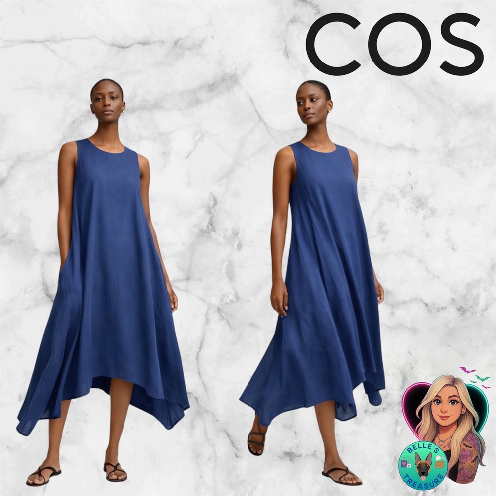 COS Women's 2 Blue Sleeveless Handkerchief‎ Sharkbite Hem Midi Dress Artsy Lagen
